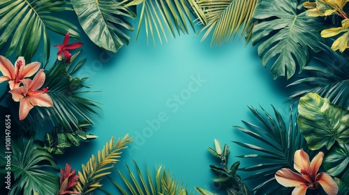 Tropical leaves and flowers frame on teal background with copy space