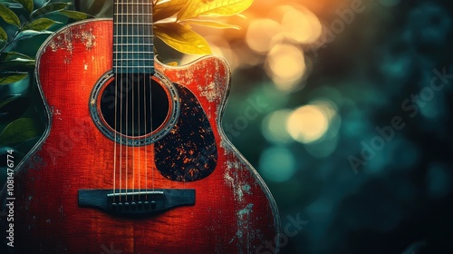 A weathered acoustic guitar leans against a leafy green bush with bokeh light in the background.