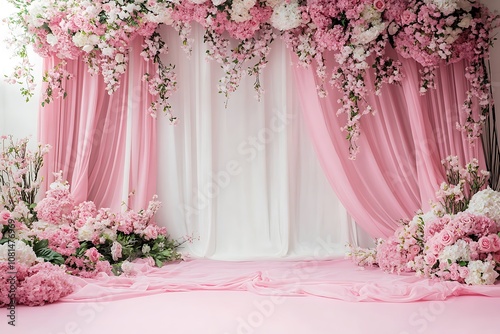 Pink floral backdrop with pink curtains and flowers, pink floor, white background
