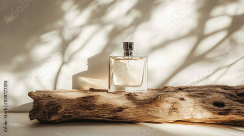 Fototapeta Naklejka Na Ścianę i Meble -  3D perfume bottle glass cologne surround by wood mockup natural woody scent fashion beige white background. for cosmetics beauty spa salon minimalism elegant product photography with copy space