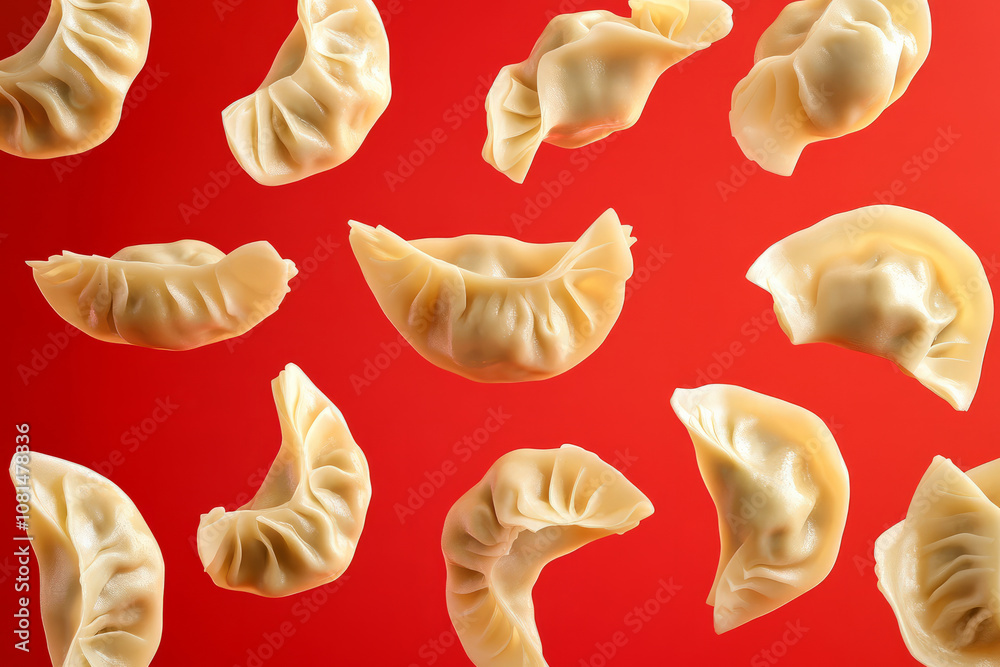 Tasty Chinese dim sum dumplings flying in mid air food photography