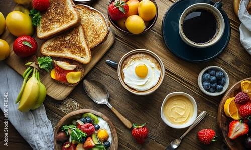 Wallpaper Mural A vibrant breakfast spread featuring fruits, toast, coffee, and a sunny-side-up egg. Torontodigital.ca