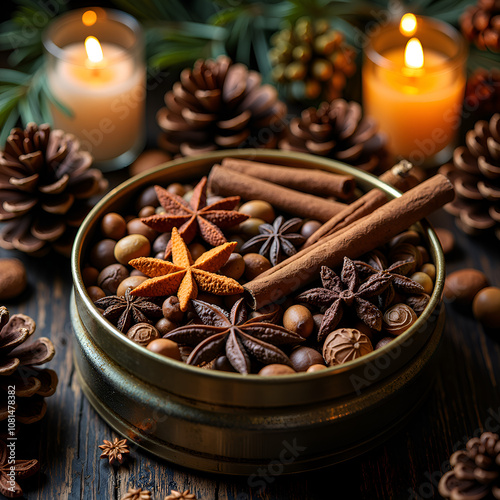 Aromatic winter delight a cozy display of spices and natural elements for holiday decor inspiration, photography of still life concept.