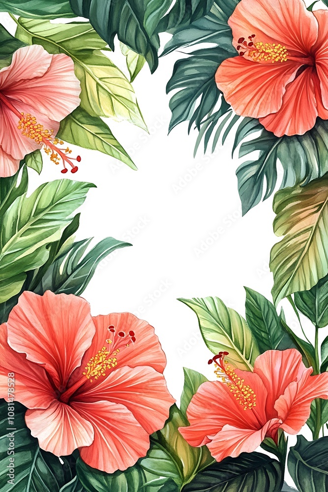 Fototapeta premium Vibrant tropical hibiscus flowers framing a blank space for your creative ideas and designs in lush greenery
