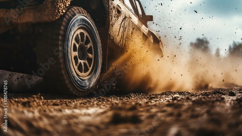 Rally car driver navigating a dirt track at high speed, capturing the thrill and adrenaline of motorsport racing on a rough terrain with dust and motion blur photo