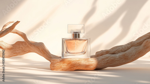 3D perfume bottle glass cologne surround by wood mockup natural woody scent fashion beige white background. for cosmetics beauty spa salon minimalism elegant product photography with copy space