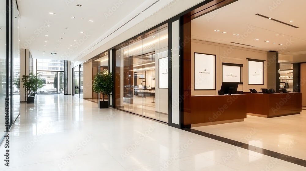 Empty corridor with modern glass storefront and wooden reception desk. Empty corridor with modern glass storefront and wooden reception desk.