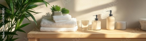 Relaxing spa day essentials home bathroom product display natural lighting close-up view self-care concept