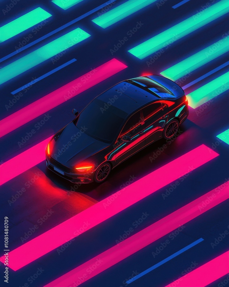 Naklejka premium Autonomous vehicle revolutionizing mobility market urban streets digital art futuristic environment aerial view innovative concepts for sustainable transport
