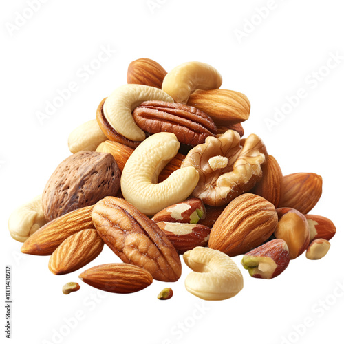 Nuts isolated on white and transparent background. PNG cutout. nuts, mixed nuts, nuts PNG cutout, nuts transparent background, isolated nuts, raw nuts, healthy snack, almond nuts, cashew nuts,