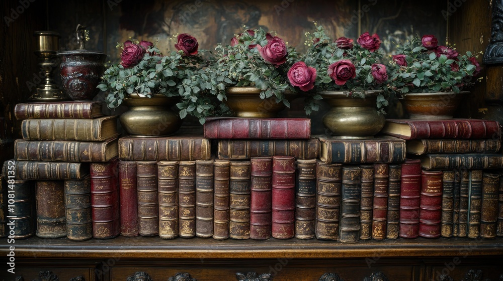 Antique books and flowers on a wooden shelf. Antique books and flowers on a wooden shelf.