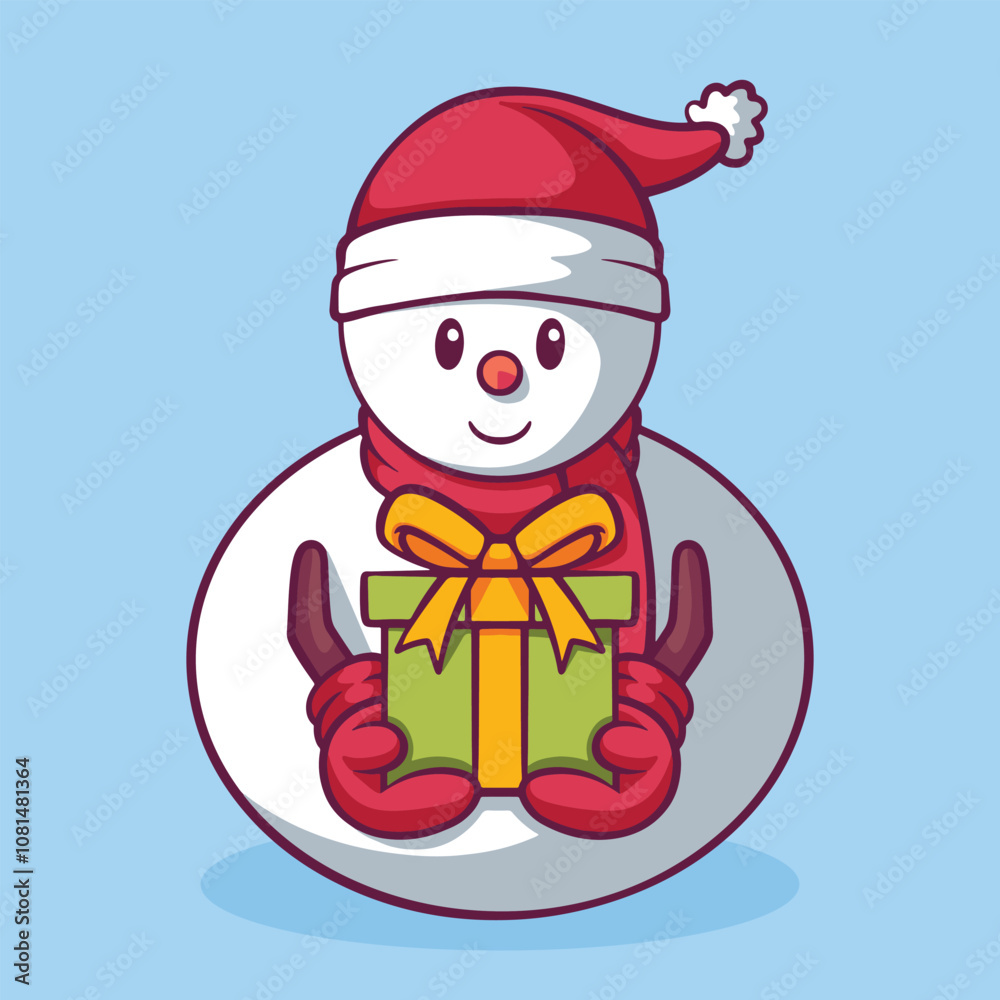 Christmas snowman bring a green gift box cartoon hand drawn illustration Christmas snowman bring a green gift box cartoon hand drawn illustration