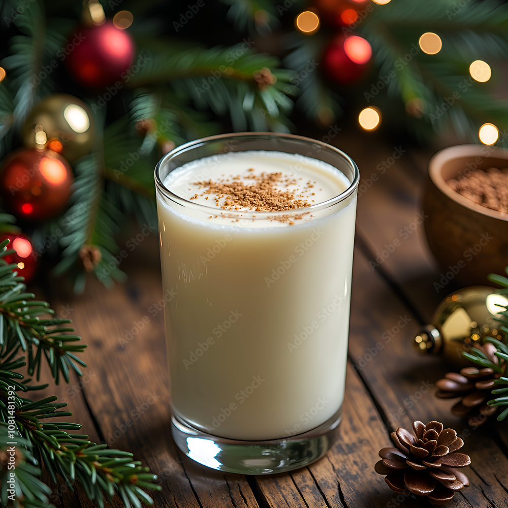 Indulge in the richness of holiday eggnog surrounded by festive decor, photography of still life concept. Indulge in the richness of holiday eggnog surrounded by festive decor, photography of still life concept.