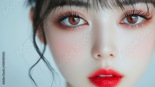 Beautiful young woman with long eyelashes extensions eyeshadow makeup red lips fashion closeup background. cosmetic beauty product spa salon banner poster wallpaper 