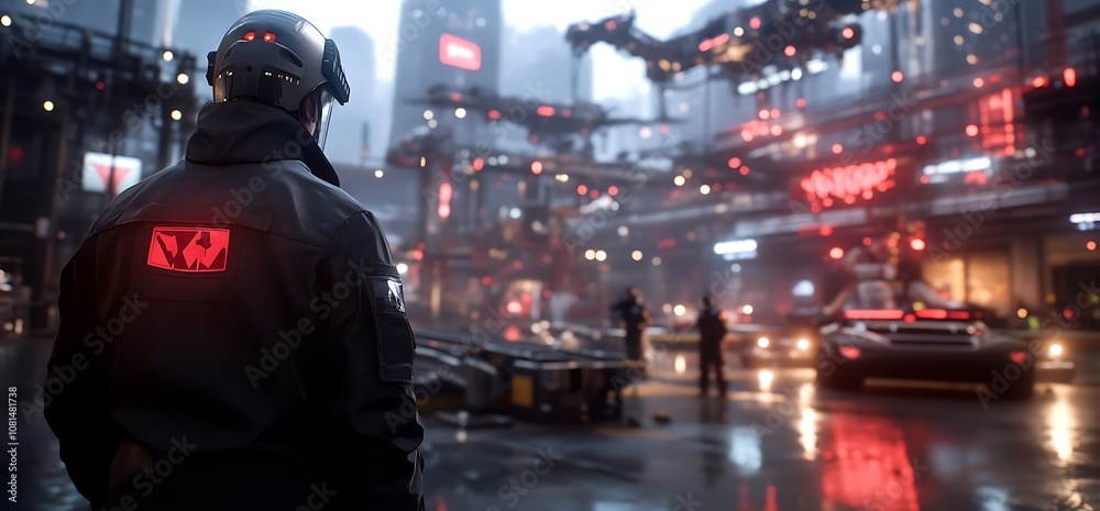 Futuristic city scene with a lone figure in the foreground. Futuristic city scene with a lone figure in the foreground.