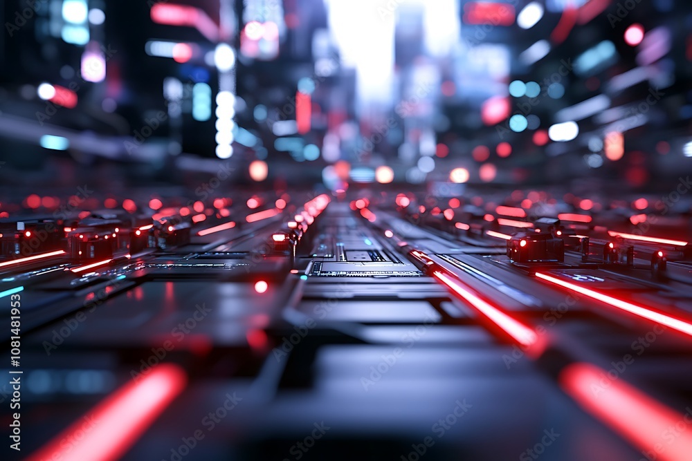 Futuristic city street with glowing red lines. Futuristic city street with glowing red lines.