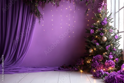 Purple wall with curtain and christmas tree, led lighting and flowers, a purple background for a photo shoot or backdrop