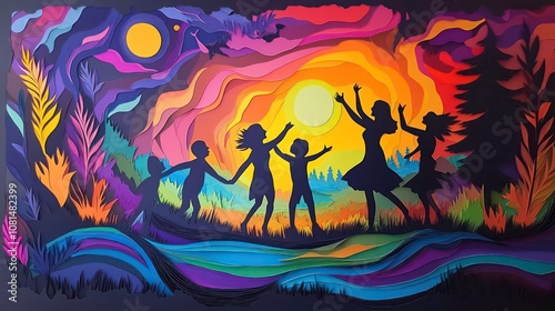 Silhouettes of children dancing in a colorful paper art landscape under the sun and moon.