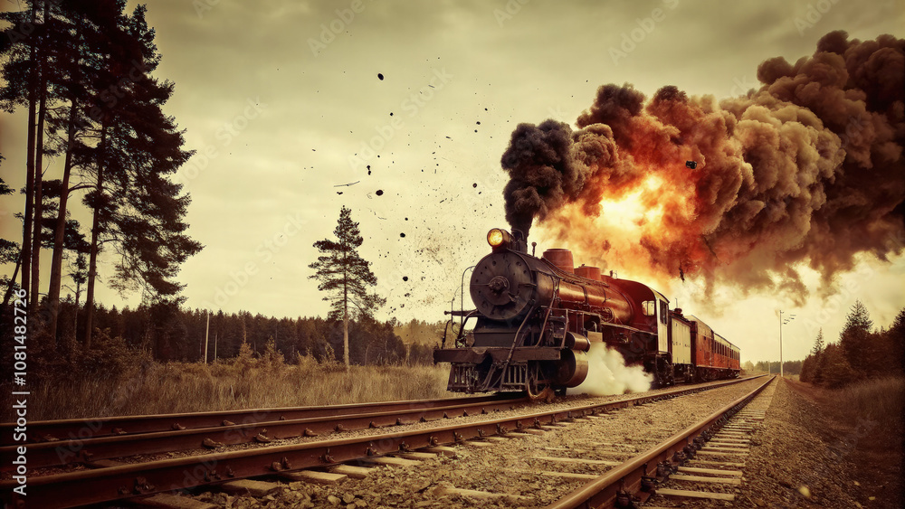 Naklejka premium Exploding Steam Locomotive on Rural Track, Flames, Debris, Forest, in Eerie Sunset & Stormy Chaos.