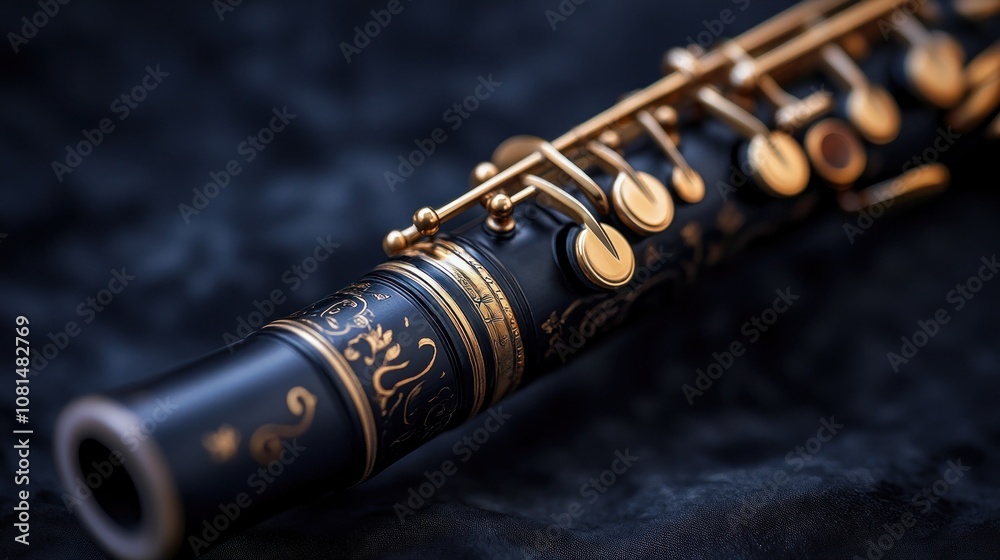 Naklejka premium Black clarinet with gold accents and intricate engravings, lying on a dark surface.