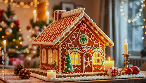 Family holiday celebration. Beautiful traditional homemade gingerbread house. Celebration of Christmas and Happy new year at home. Festive mood, cozy atmosphere, burning candles, fir tree. Banner is