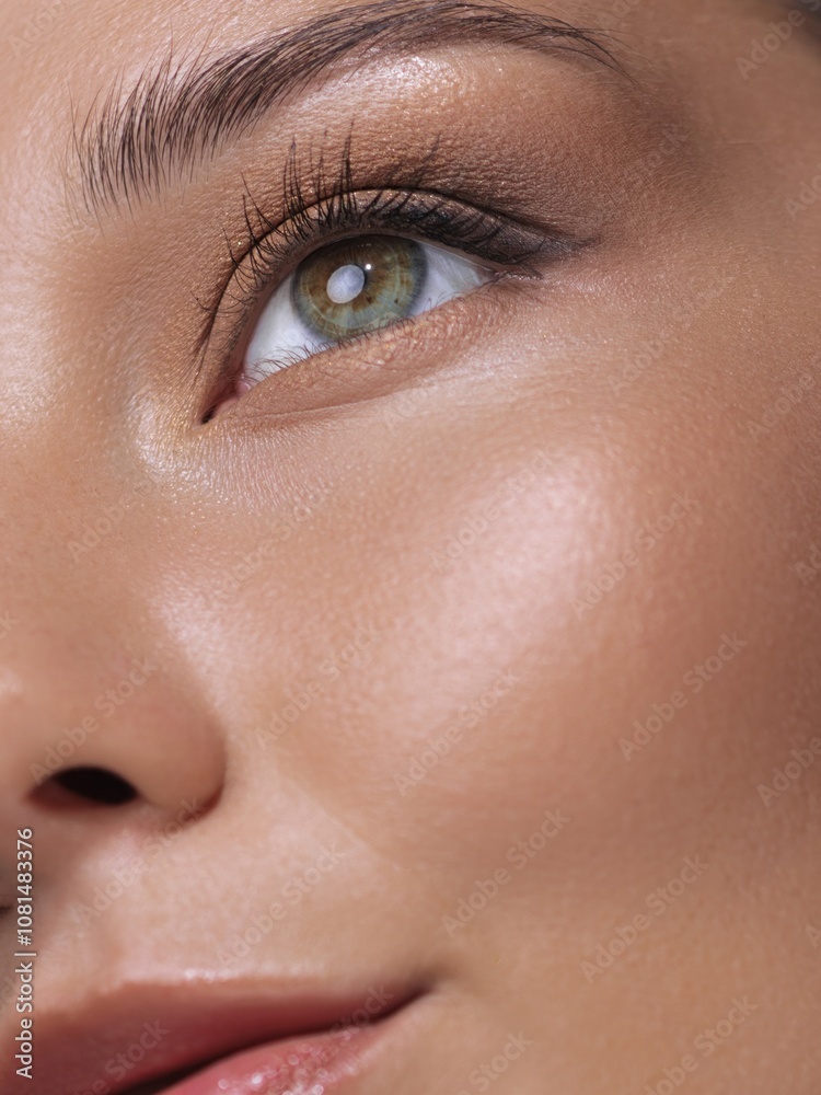 Extreme close-up of a woman's eye with long lashes and perfectly applied natural makeup, highlighting her flawless skin and glowing complexion. Ideal for beauty, makeup, and skincare advertisements. Extreme close-up of a woman's eye with long lashes and perfectly applied natural makeup, highlighting her flawless skin and glowing complexion. Ideal for beauty, makeup, and skincare advertisements.