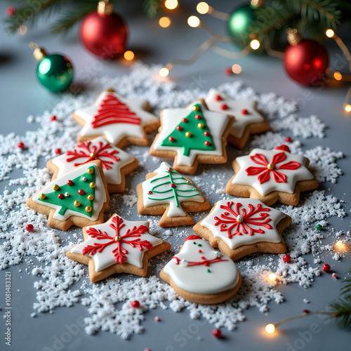 Charming decorated christmas cookies arranged on a cozy winter background with holiday ornaments, photograph of still life concept.