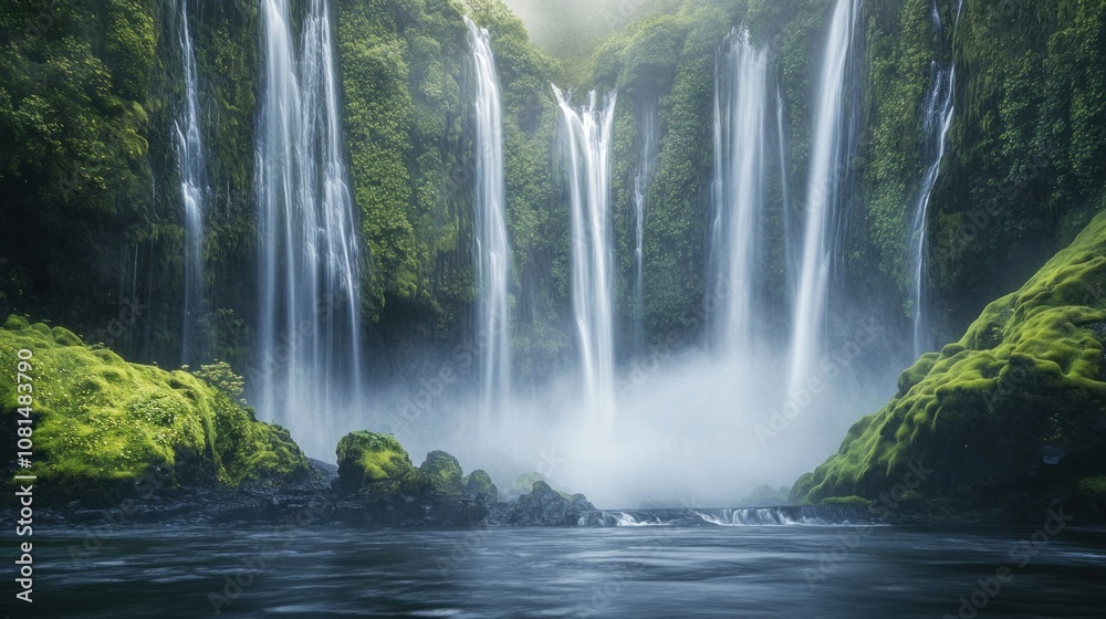 Capture the movement of a waterfall, with mist rising into the air. Capture the movement of a waterfall, with mist rising into the air.