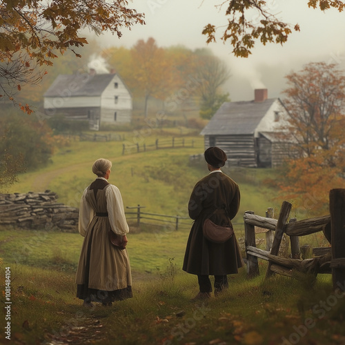 Early settlers in New England depicted near rustic homes and farmland, wearing traditional colonial clothing, soft morning light and misty fields, focus on daily life and history, peaceful and pastora