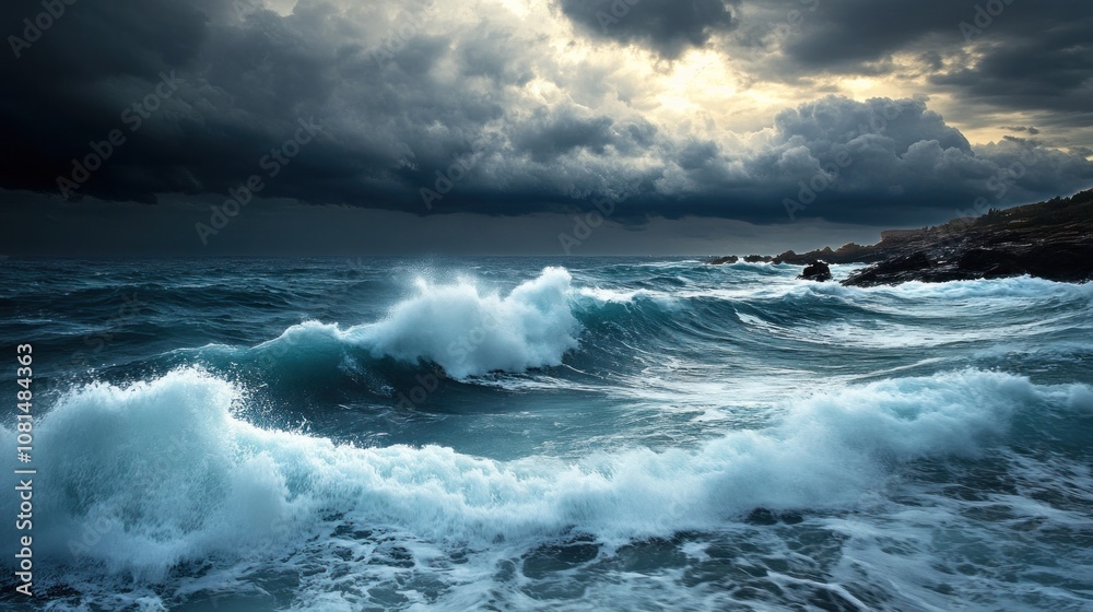 Capture a stormy seascape with crashing waves and dark clouds. Capture a stormy seascape with crashing waves and dark clouds.