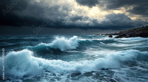 Capture a stormy seascape with crashing waves and dark clouds.