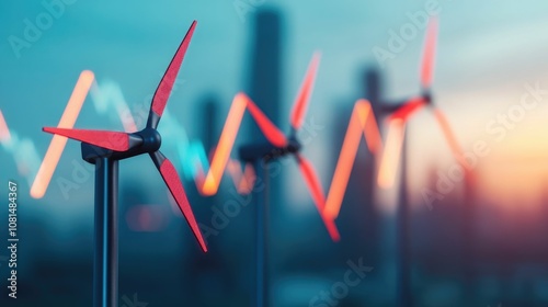 Renewable power sources like wind turbines overlayed on financial exchange trend lines photo