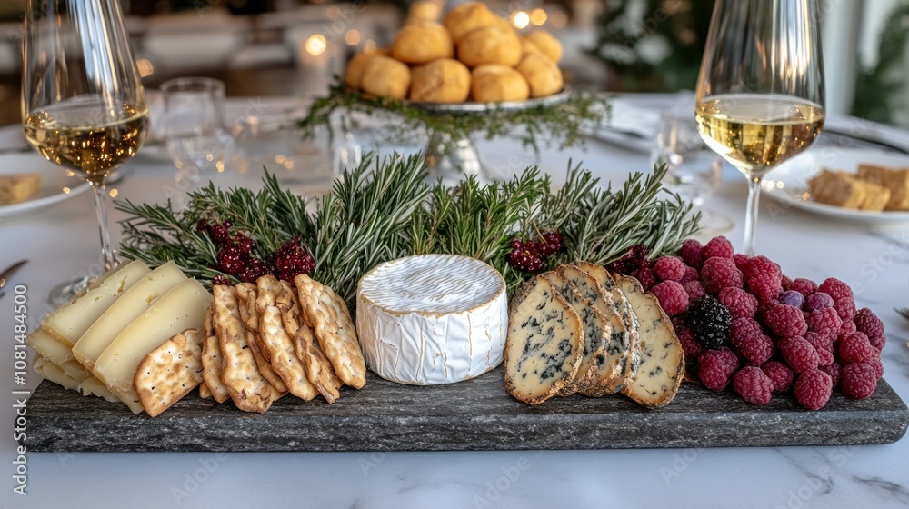 Cheeseboard with crackers, berries, and wine glasses. Cheeseboard with crackers, berries, and wine glasses.
