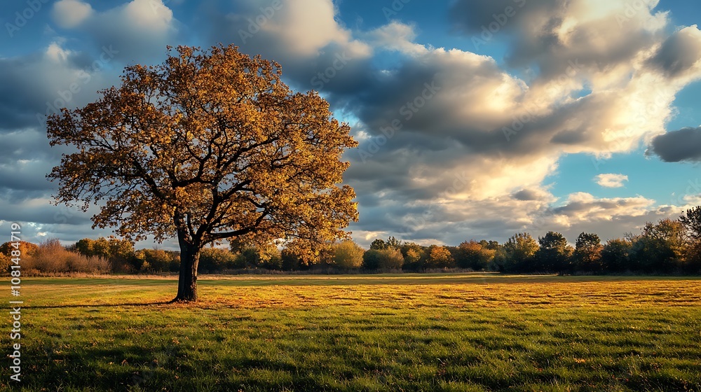 Fototapeta premium Lonely autumn tree standing in a field with blue sky and white clouds