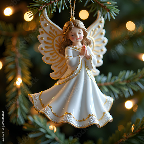 Elegant angel ornament nestled among holiday lights and pine needles, photography of still life concept.