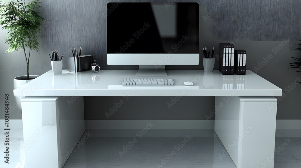 Elegant modern office with sleek desk and computer screen, empty wall on right, high-quality 3D rendering, minimalist style Elegant modern office with sleek desk and computer screen, empty wall on right, high-quality 3D rendering, minimalist style