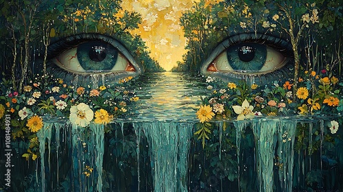 Surreal Eyescape with Waterfall  Green Forest  and Flowers photo