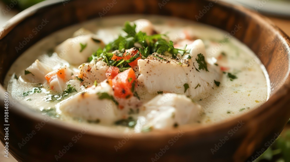 Norwegian fish soup served in a rustic wooden bowl, showcasing traditional European cuisine with fresh herbs and tender fish pieces, capturing a warm and comforting dining experience Norwegian fish soup served in a rustic wooden bowl, showcasing traditional European cuisine with fresh herbs and tender fish pieces, capturing a warm and comforting dining experience