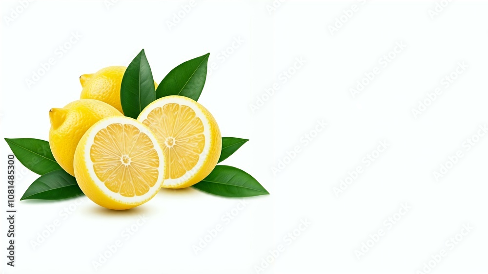 Fresh whole and halved lemons with green leaves on a white background. Fresh whole and halved lemons with green leaves on a white background.