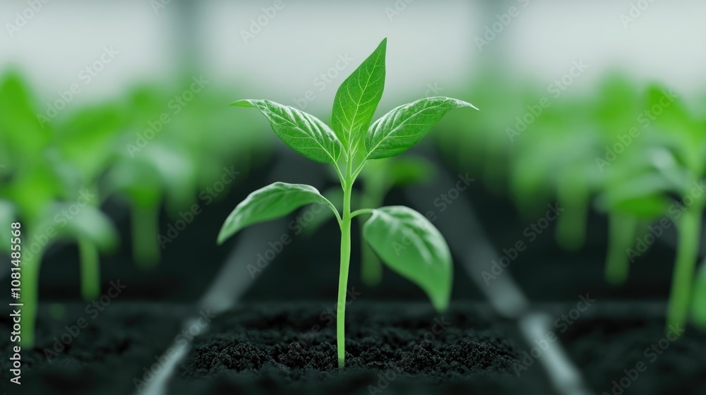 Closeup of a young green plant seedling growing along supply chain distribution paths symbolizing sustainable practices and eco friendly production in industrial and manufacturing environments Closeup of a young green plant seedling growing along supply chain distribution paths symbolizing sustainable practices and eco friendly production in industrial and manufacturing environments