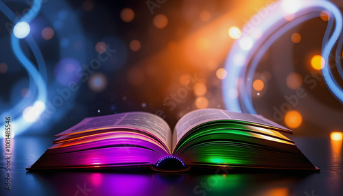 Magic Book With Open Pages And Abstract Lights Shining isolated highlighted by white, png photo