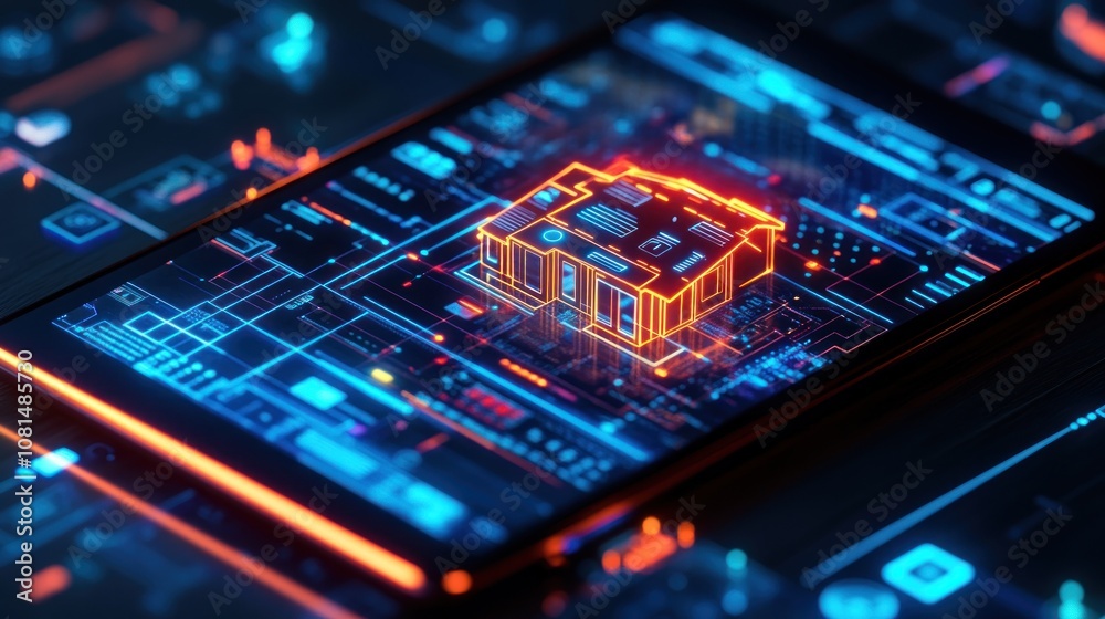 A glowing house icon sits on a smartphone screen, surrounded by circuit board lines and glowing data points, suggesting the concept of smart home technology. A glowing house icon sits on a smartphone screen, surrounded by circuit board lines and glowing data points, suggesting the concept of smart home technology.