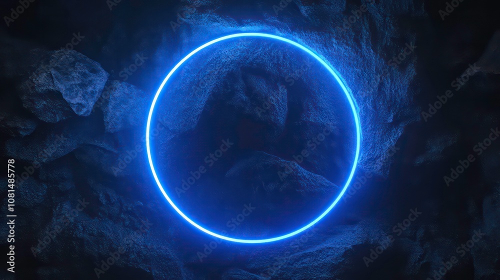 Fototapeta premium A glowing blue neon circle against a dark rocky background.
