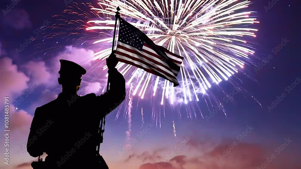 video American flag waving proudly wind accompanied fireworks silhouette soldier celebrating Independence Day ing effect us saluting 4th july freedom background america celebrate memorial holiday