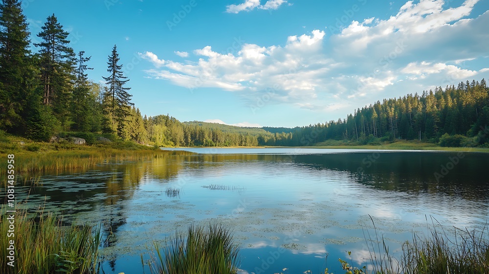 Scenic mountain lake surrounded by lush green forest with a bright blue sky and white clouds reflection in the calm water Scenic mountain lake surrounded by lush green forest with a bright blue sky and white clouds reflection in the calm water