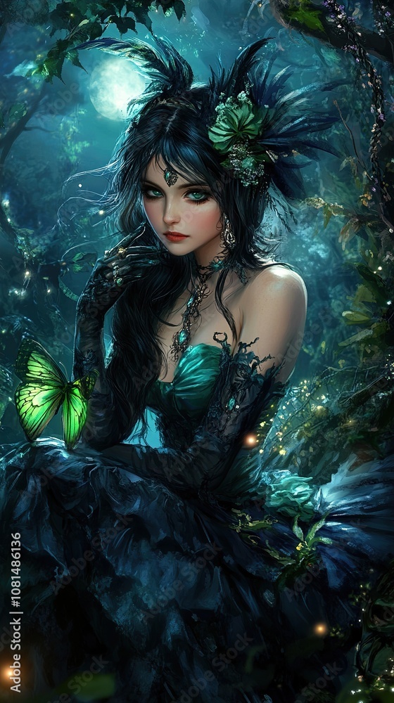 Enchanted Woman in Moonlight Forest: A Fantasy Art Illustration Enchanted Woman in Moonlight Forest: A Fantasy Art Illustration