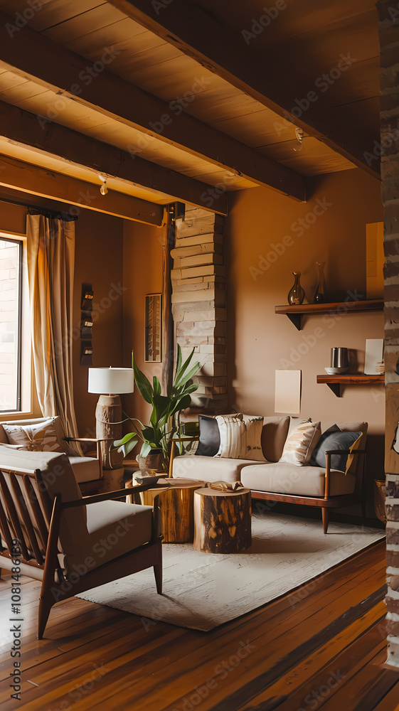 Cozy living room featuring wooden beams, a comfortable sofa with decorative pillows, a natural wood coffee table, a floor lamp, and houseplants, all in warm earthy tones.