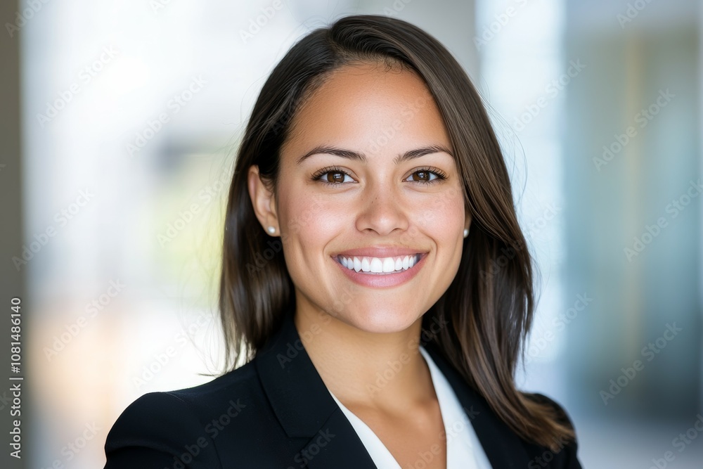A woman in a business suit is smiling and looking at the camera A woman in a business suit is smiling and looking at the camera