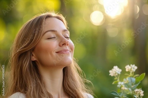 A woman is smiling and holding a flower