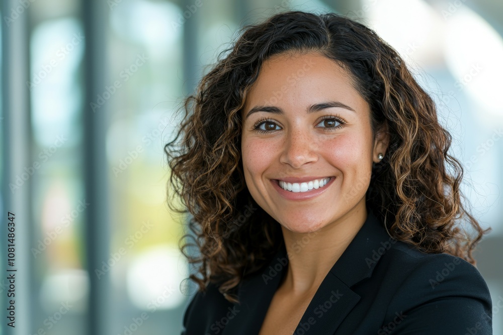 A woman with curly hair is smiling and wearing a black suit A woman with curly hair is smiling and wearing a black suit